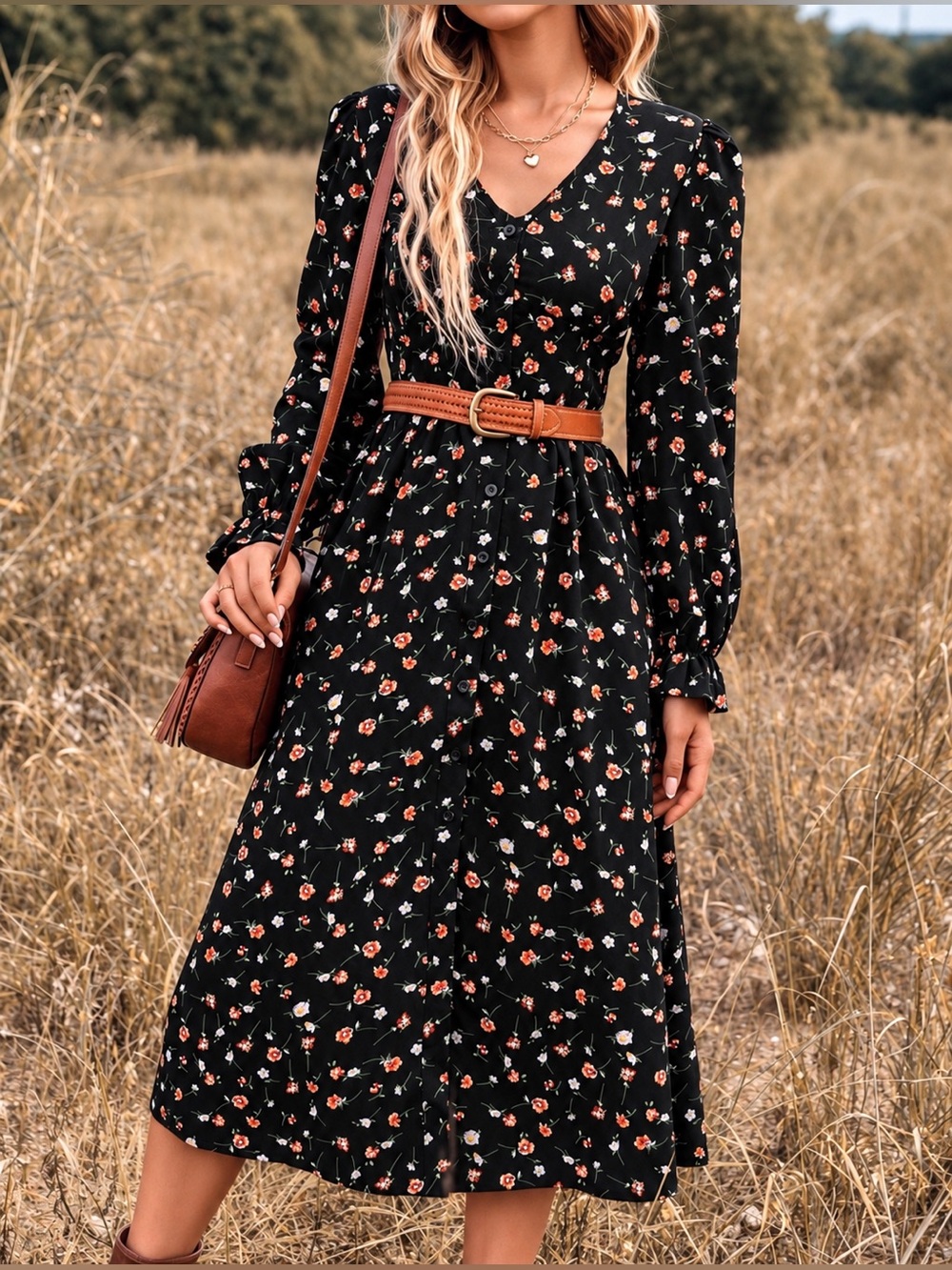 Black Floral Button Front Midi Dress Size M NWOT